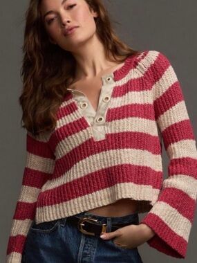 PILCRO ANTHROPOLOGIE WOMENS RED WHITE STRIPE TEXTURED HENLEY SWEATER SMALL